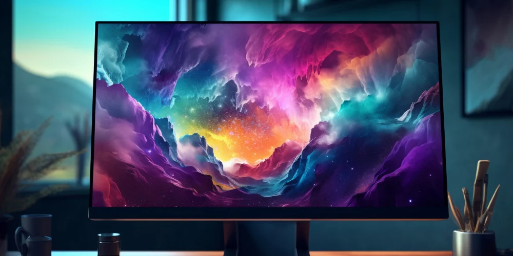 Vibrant ultrawide monitor displaying colorful abstract cosmic digital artwork scene